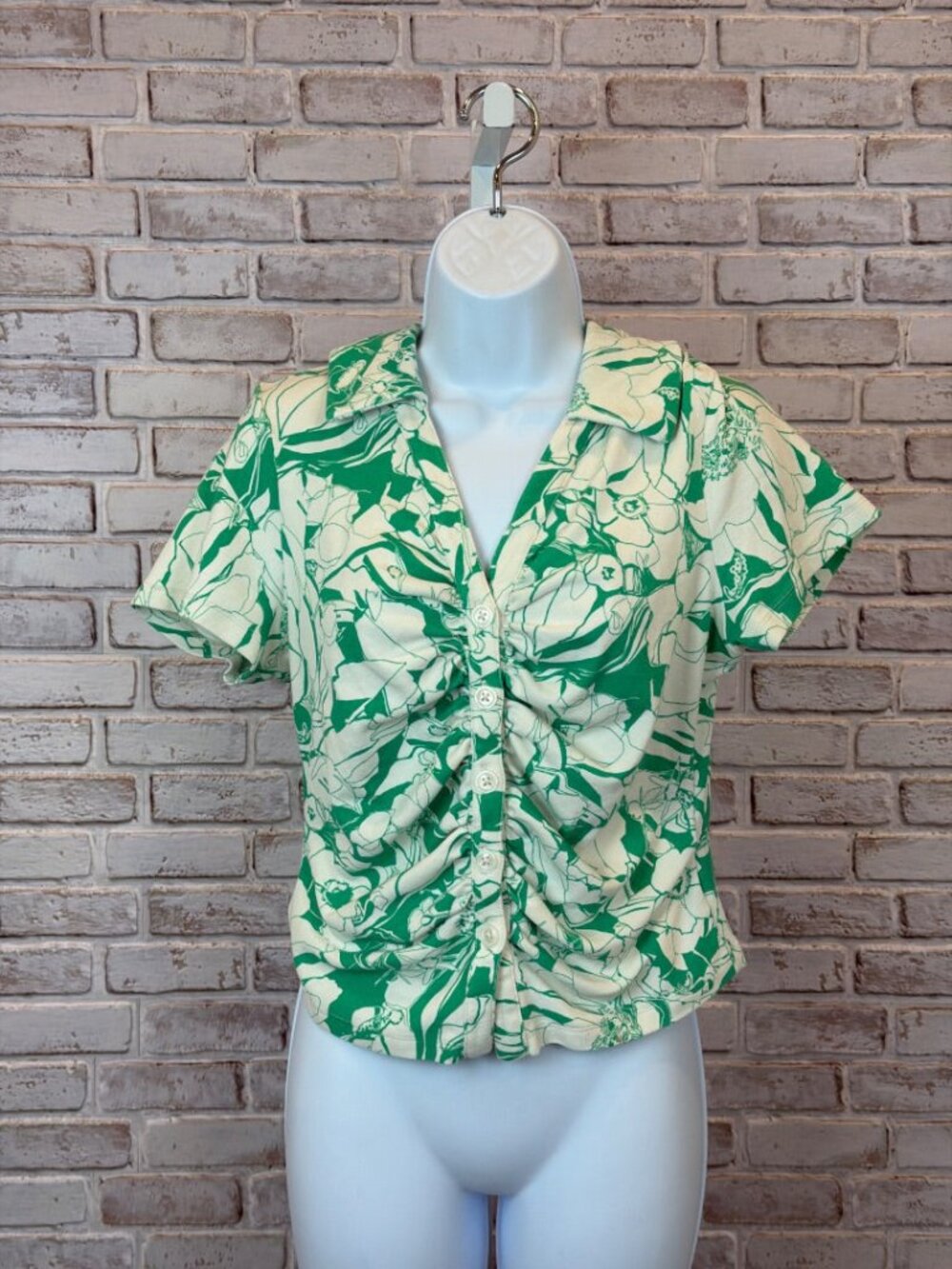 Maeve Floral Button Down Shirt Green White Size Large